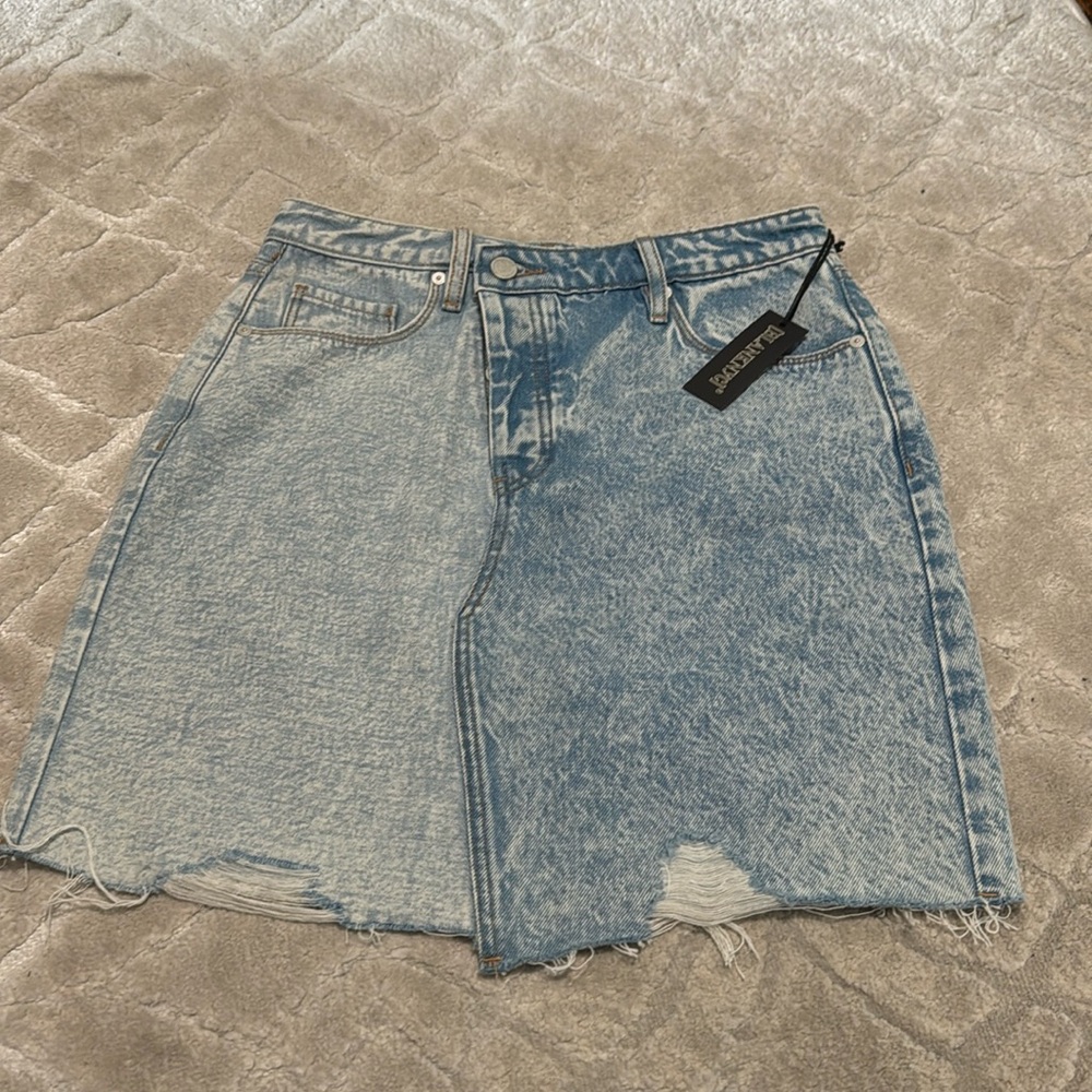 Blank NYC Overlap Fly Distressed Denim Skirt Two Tone Acid Wash Nice Try
